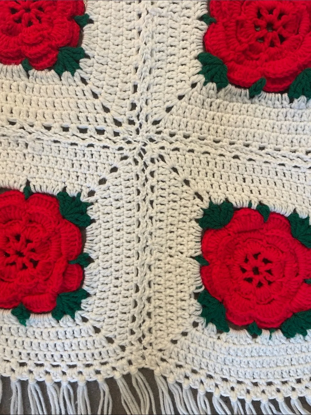 Vintage Granny Square 3D Rose Throw Blanket Afghan Cabbage Rose Christmas